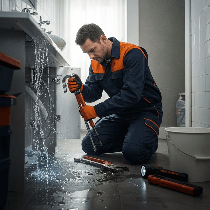 A compilation of professional plumbing services featuring licensed plumbers inspecting household pipes, fixing a kitchen sink leak, tightening copper copper pipe joints with wrenches, and providing transparent local services.