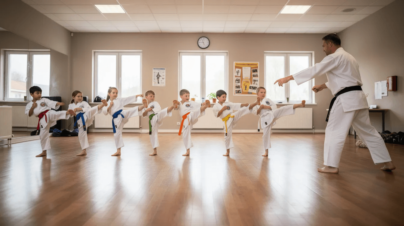 The image depicts a small martial arts class in a community hall, where children in white uniforms are practicing their kicks under the guidance of an instructor. This engaging environment promotes student performance and focus, showcasing the benefits of using classroom management tools for effective training and organization.