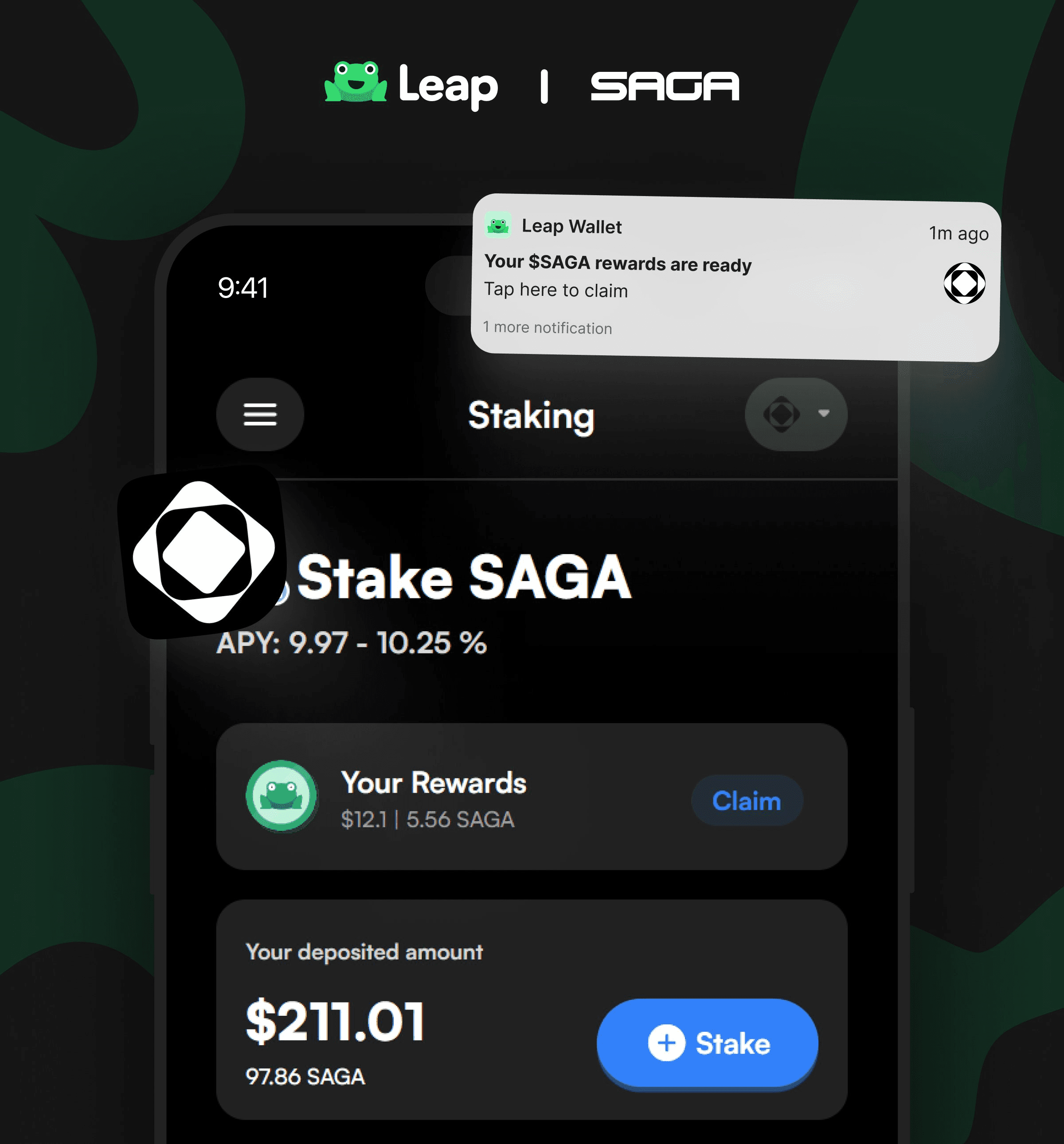 Stake Saga on Leap Wallet Mobile App