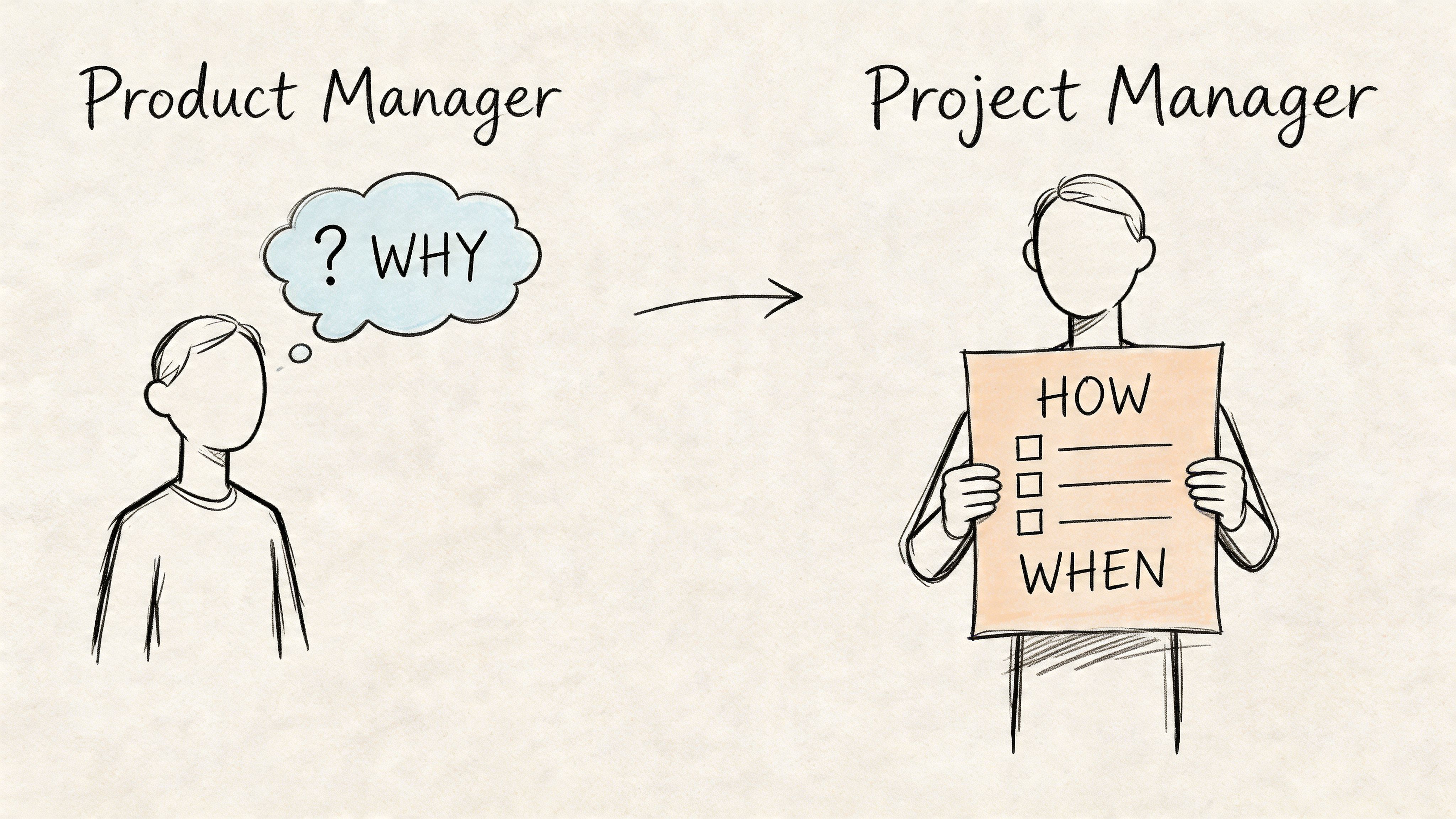 A hand-drawn illustration comparing the roles of a product manager focused on why and a project manager focused on how and when.