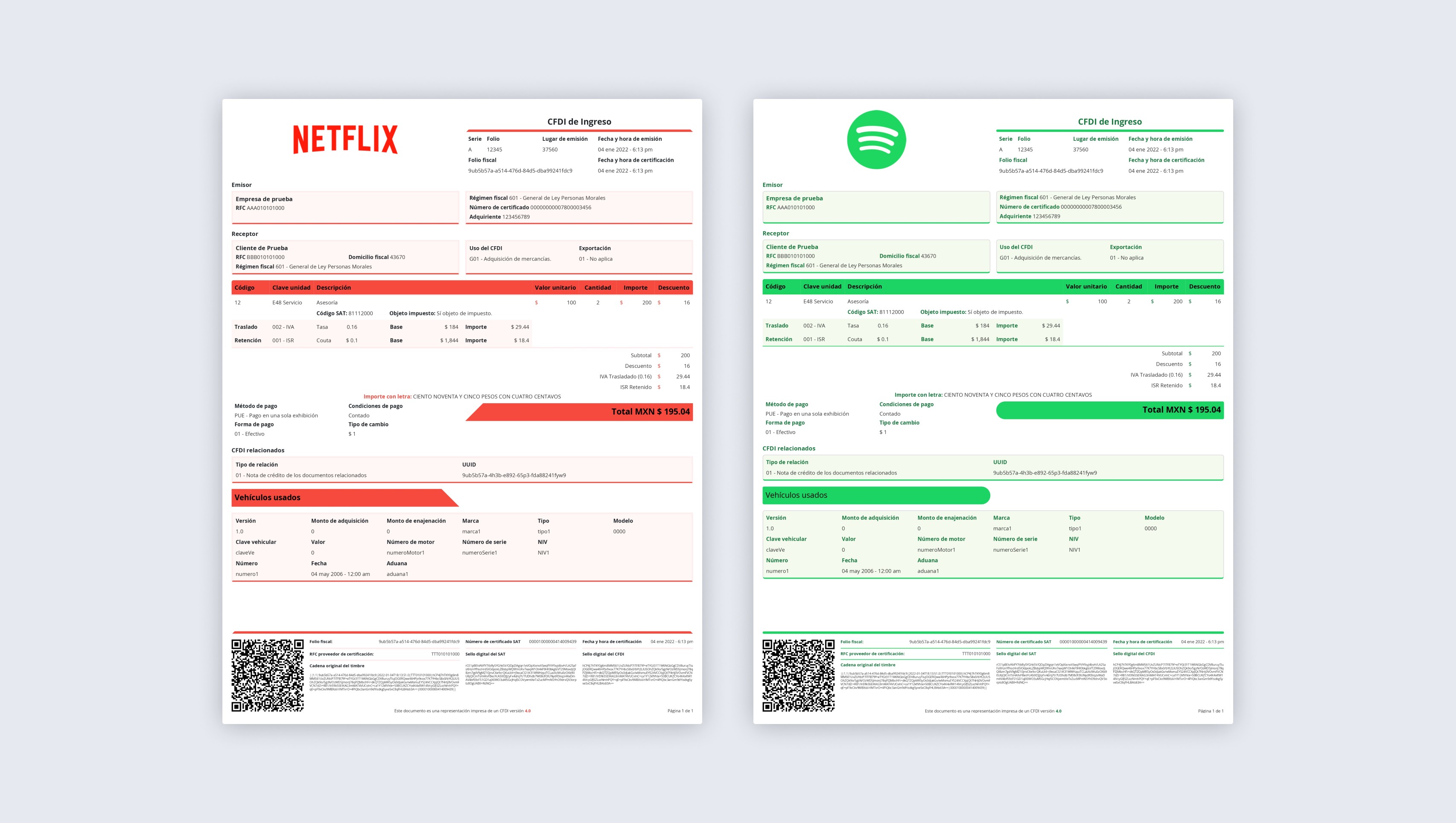 Ejemplos de modificaciones de estilo de CFDI con marcas como Spotify y Netflix.