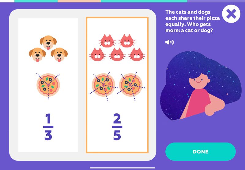 Exercising fraction words and fraction comparison in the Funexpected Math app