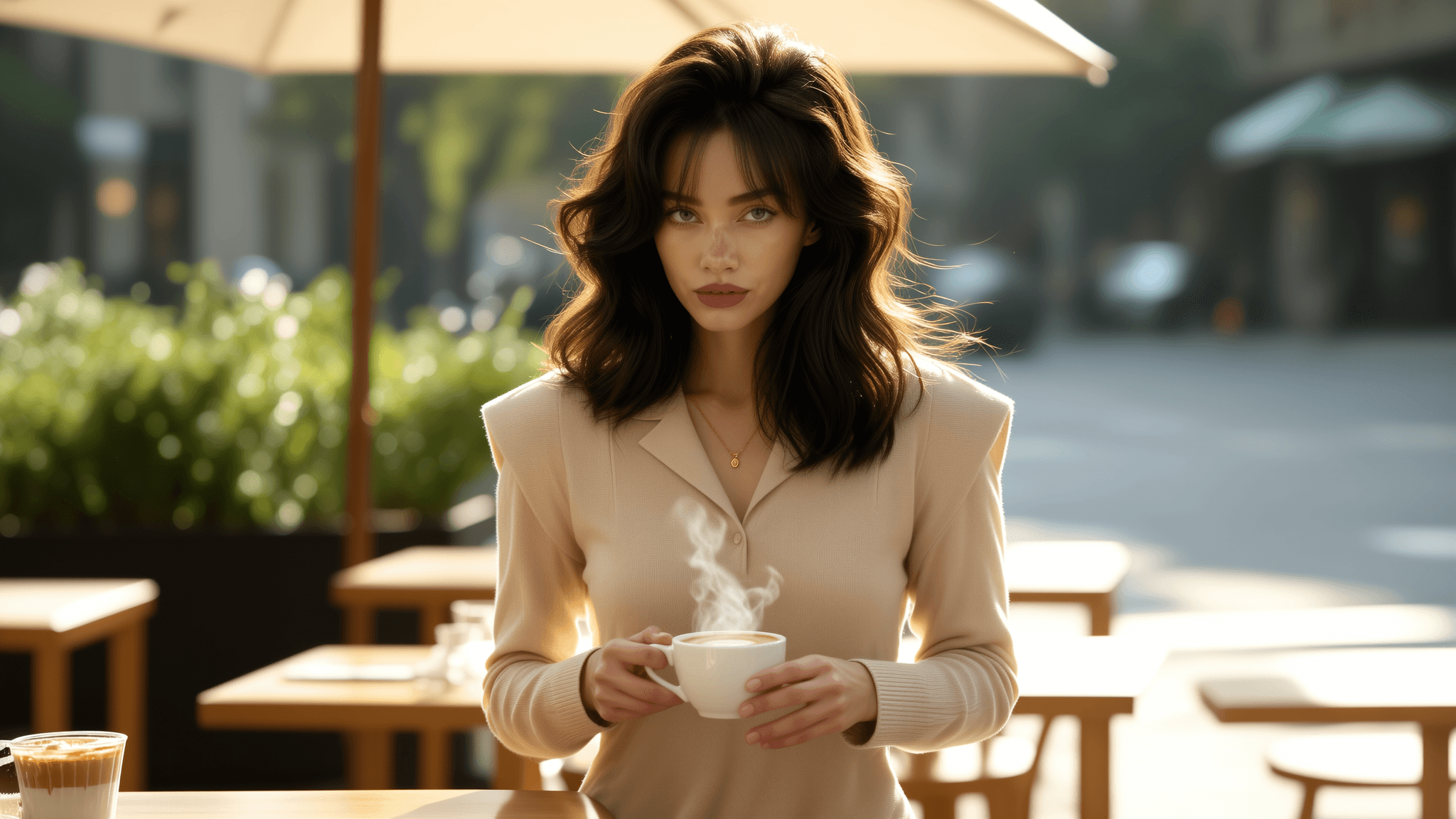 KI-generiertes weibliches Model in einem Café im Freien, hält eine dampfende Tasse Kaffee und trägt ein elegantes beigefarbenes Outfit – hochwertiger AI-Lifestyle-Content für Coffee-Brands, Mode, Social-Media-Marketing und moderne Outdoor-Ästhetik.
