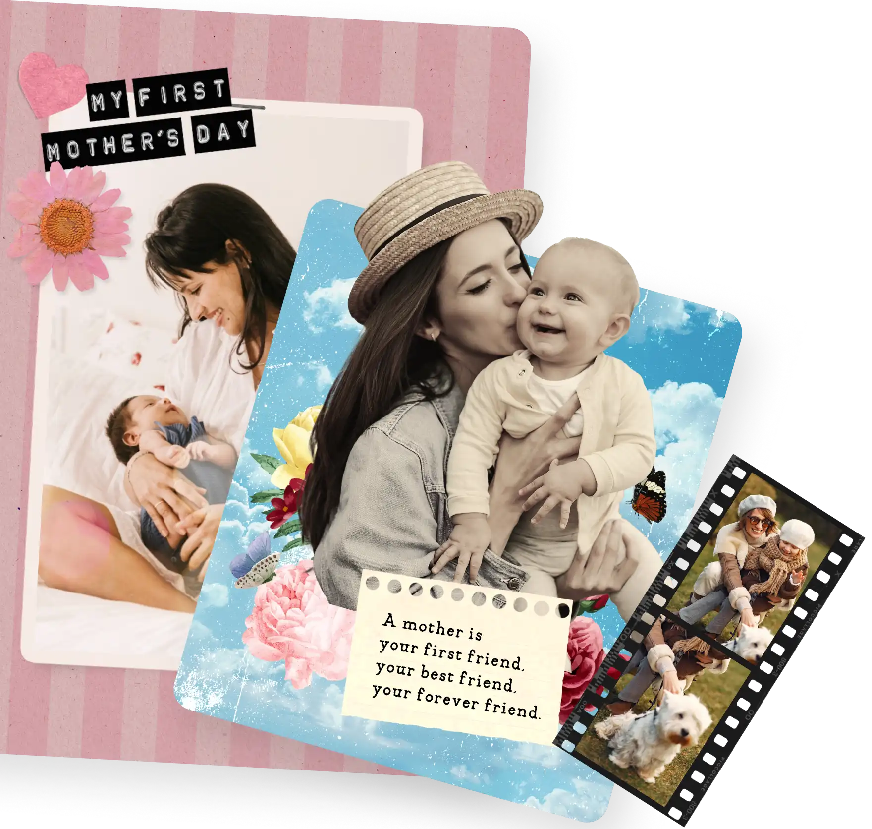 'My First Mother's Day' scrapbook card with photos of a mom and her baby in soft pastel colors