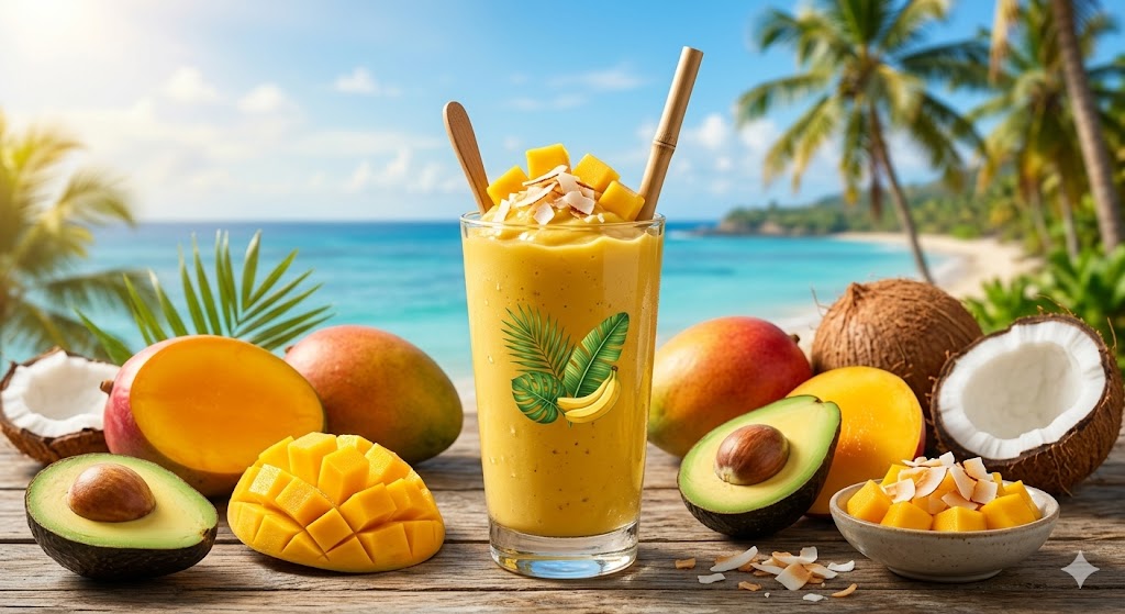 A vibrant yellow-orange mango and avocado smoothie in a tall glass, garnished with fresh mango cubes and coconut flakes. The glass is set on a rustic wooden table with fresh mangoes, avocado halves, and coconuts against a sunny tropical beach background.