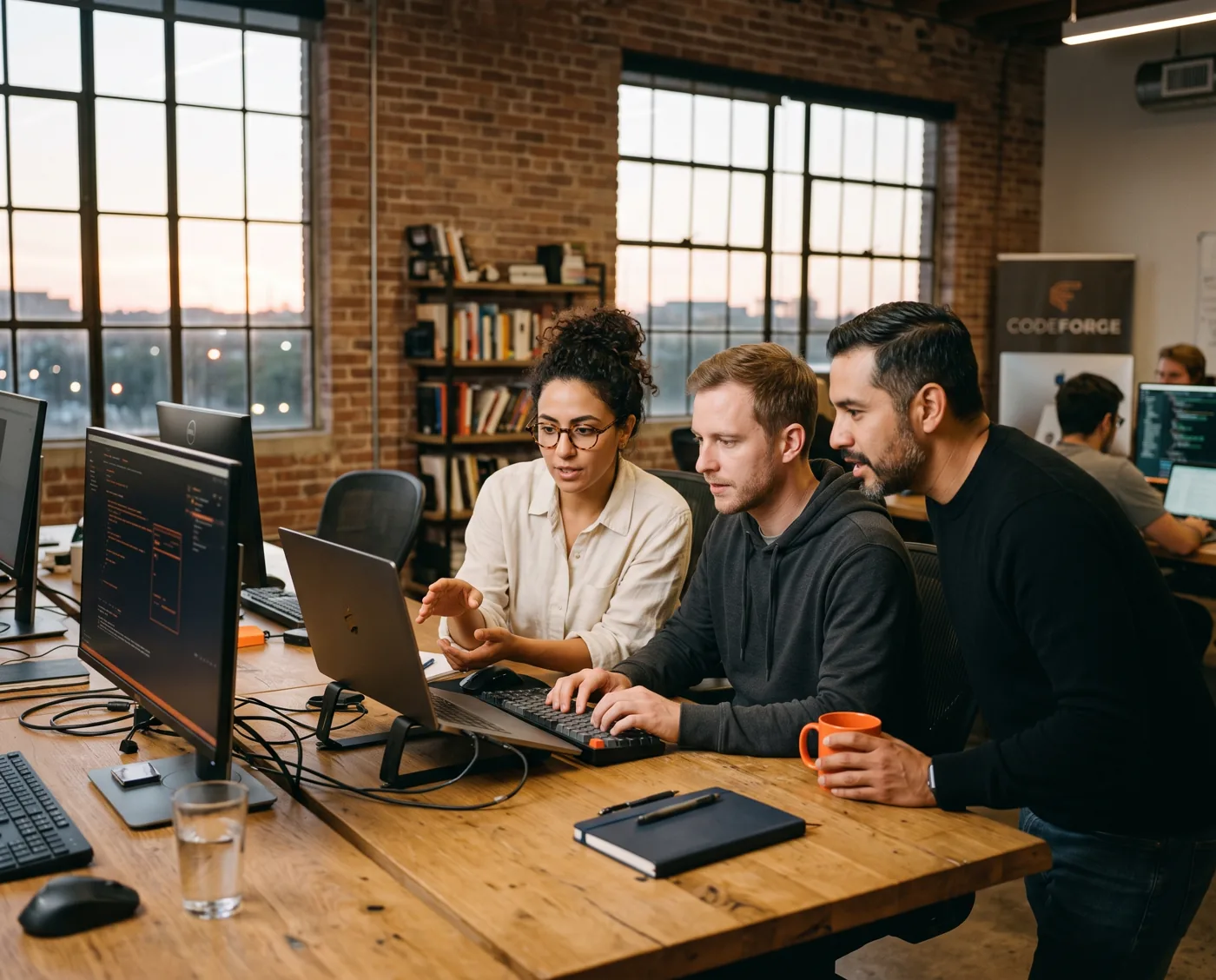 Three developers at monitors in a brick loft