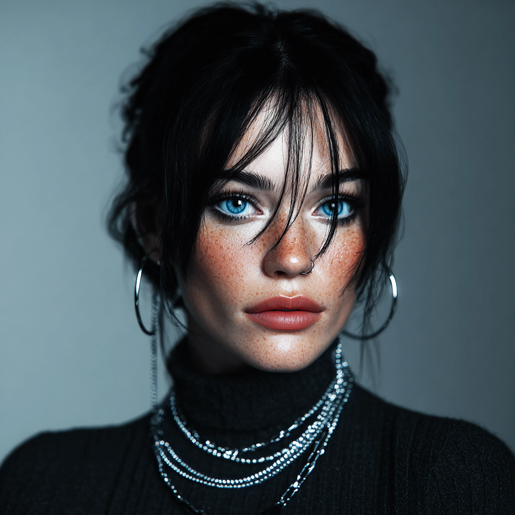 Female portrait, dark hair, wearing necklaces.