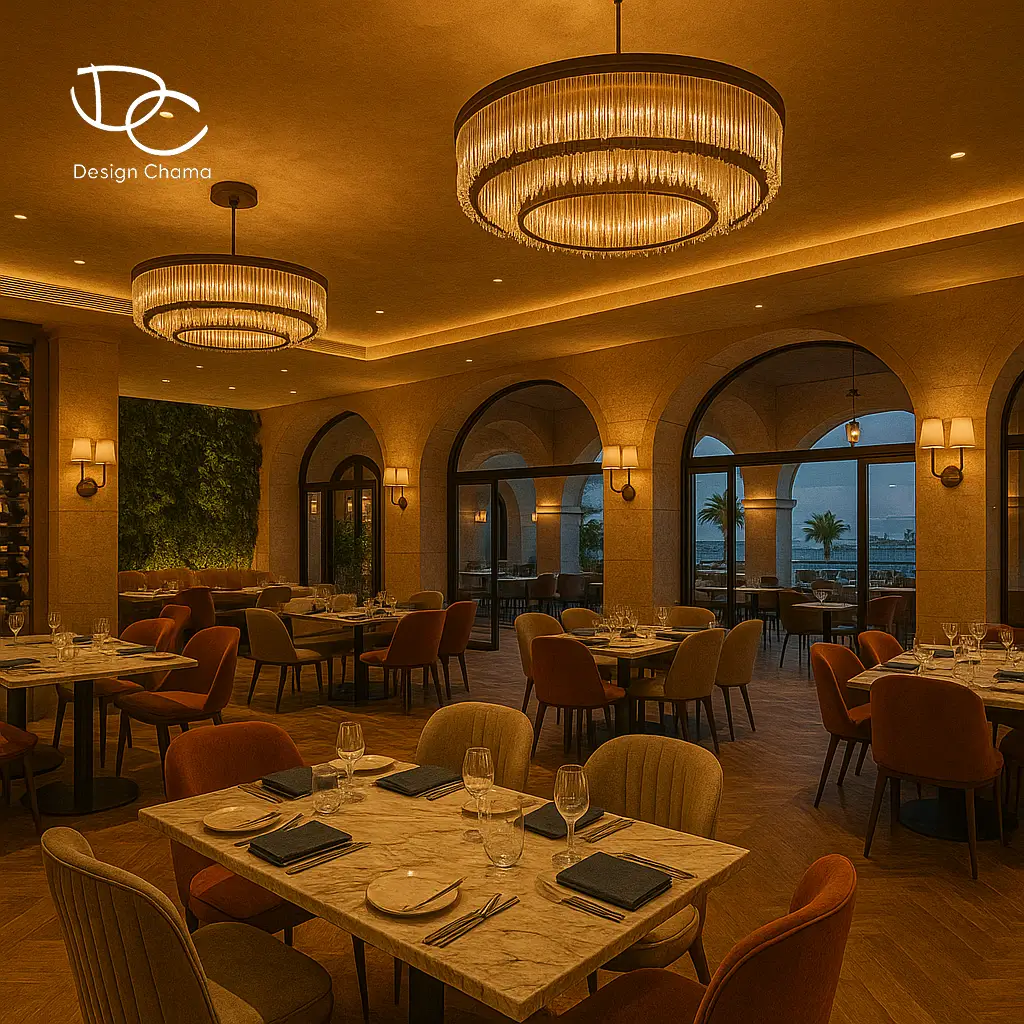 Κύριος εσωτερικός χώρος εστιατορίου με ζεστή ατμόσφαιρα, ξύλο, πέτρα και premium διακόσμηση.