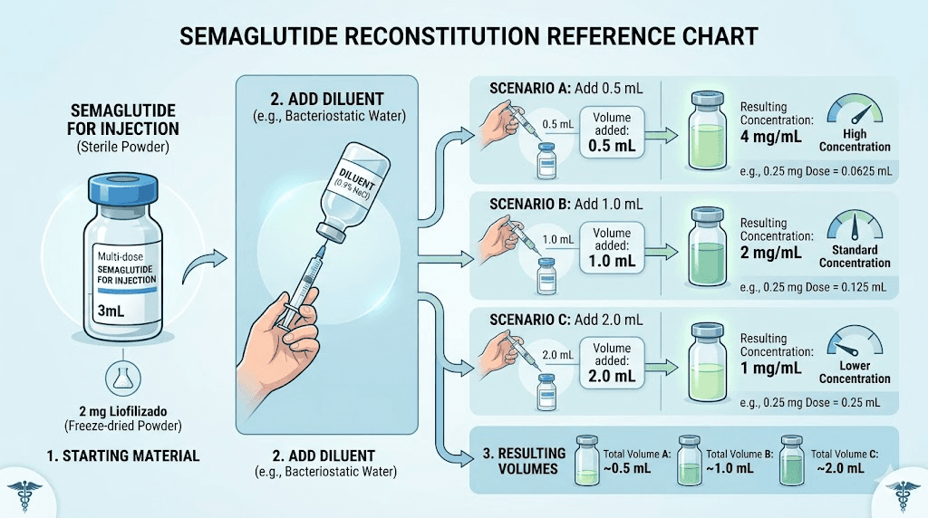 Semaglutide reconstitution chart showing water volume to concentration relationship
