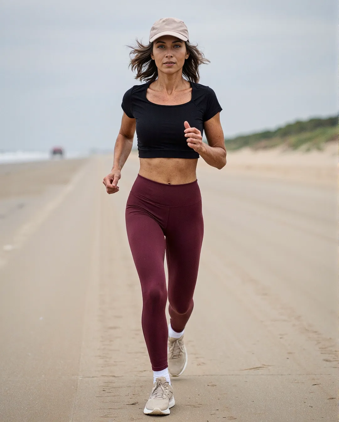 Person jogging on beach wearing black crop top, burgundy leggings and beige cap with ocean and coastline in background