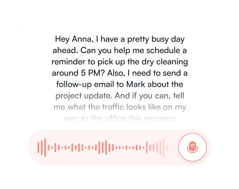 Smartphone UI showing AI voice assistant interface in pink and white tones