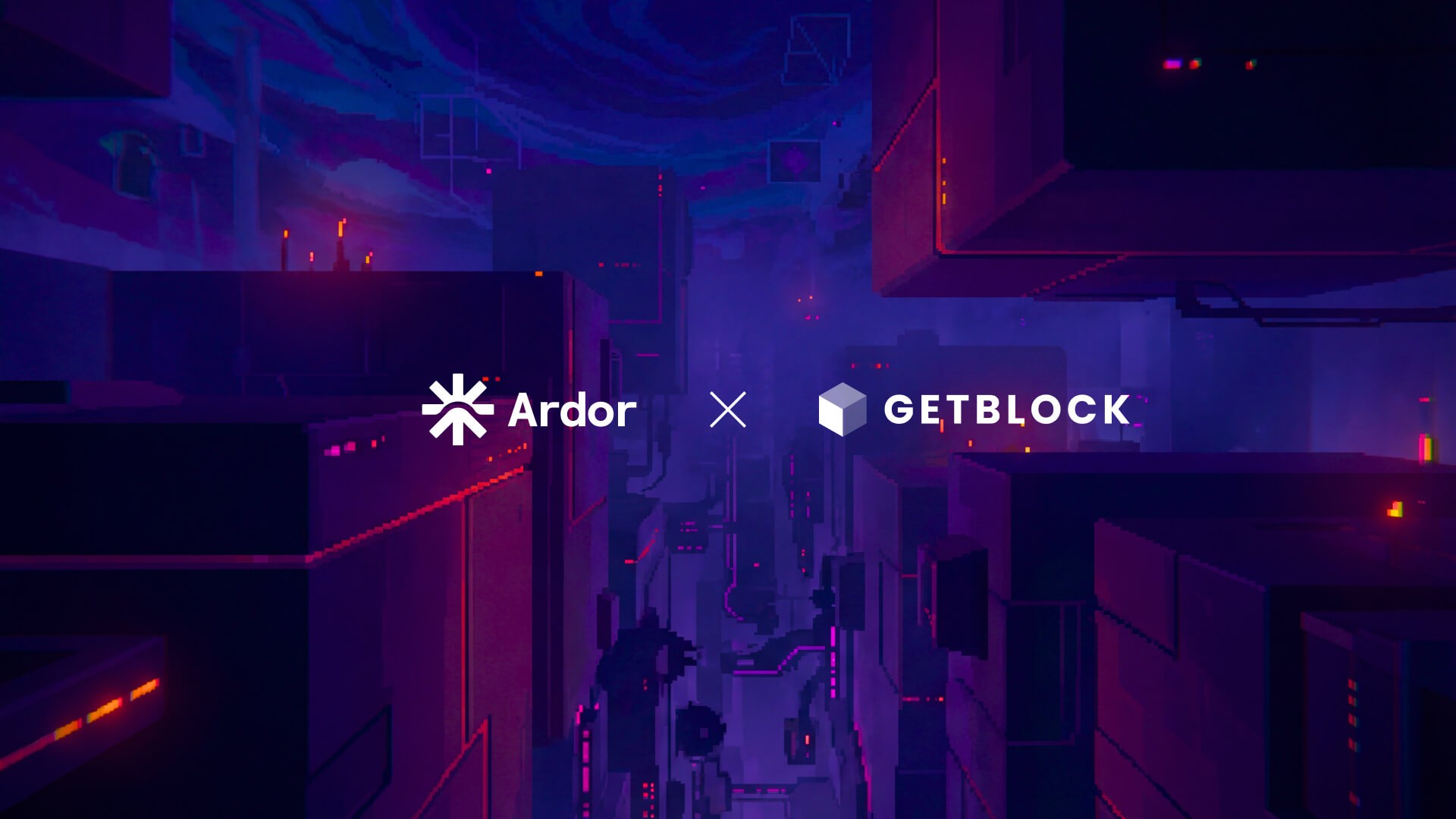 Neon voxel illustration of a futuristic data center with towering compute infrastructure and glowing purple, blue, and magenta lighting, symbolizing agentic AI operating across enterprise cloud infrastructure, with Ardor and GetBlock logos centered.