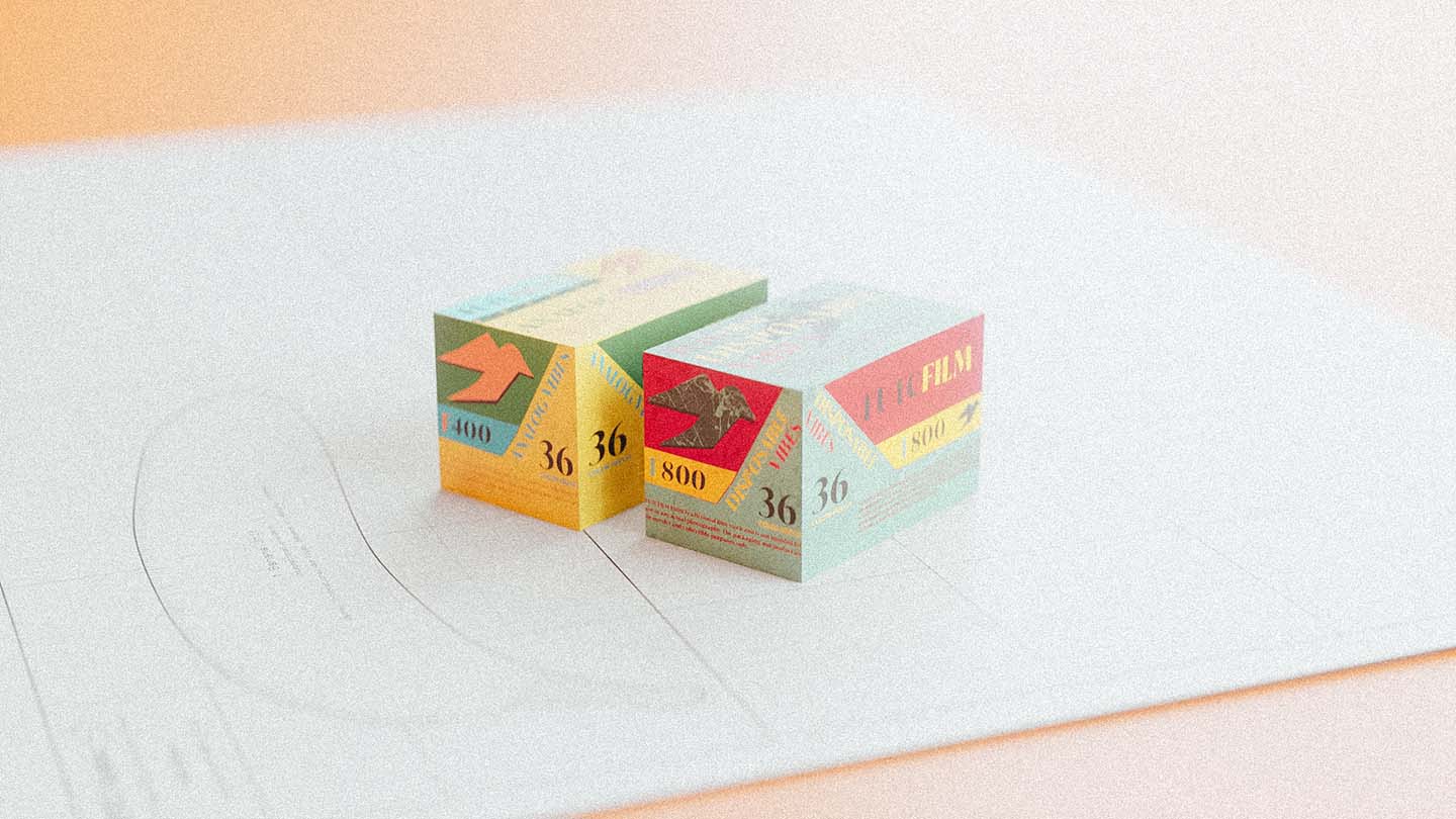3d render of 2 35mm film boxes with Disposable Vibes and Analog Vibes Branding