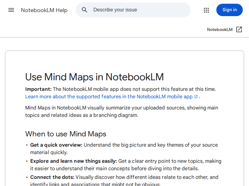 NotebookLM Mind Maps help documentation showing how the visual mind map feature connects source ideas