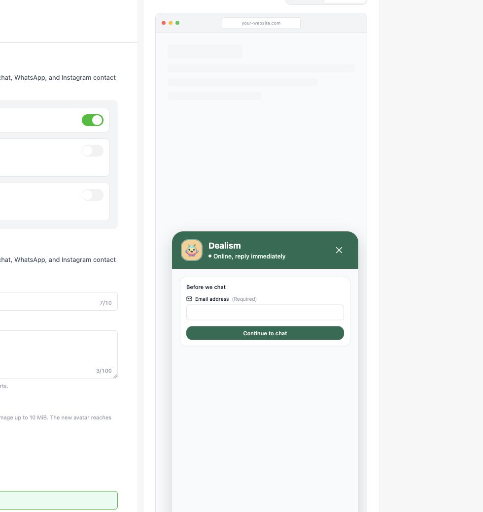 Dealism desktop preview showing the Live Chat widget and required email field