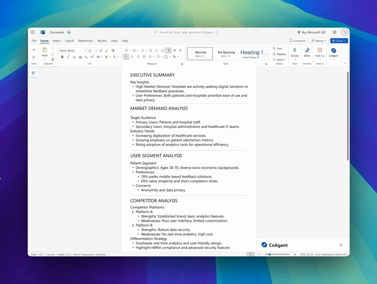 CoAgent generating assumptions inside Microsoft Word, playing in a window