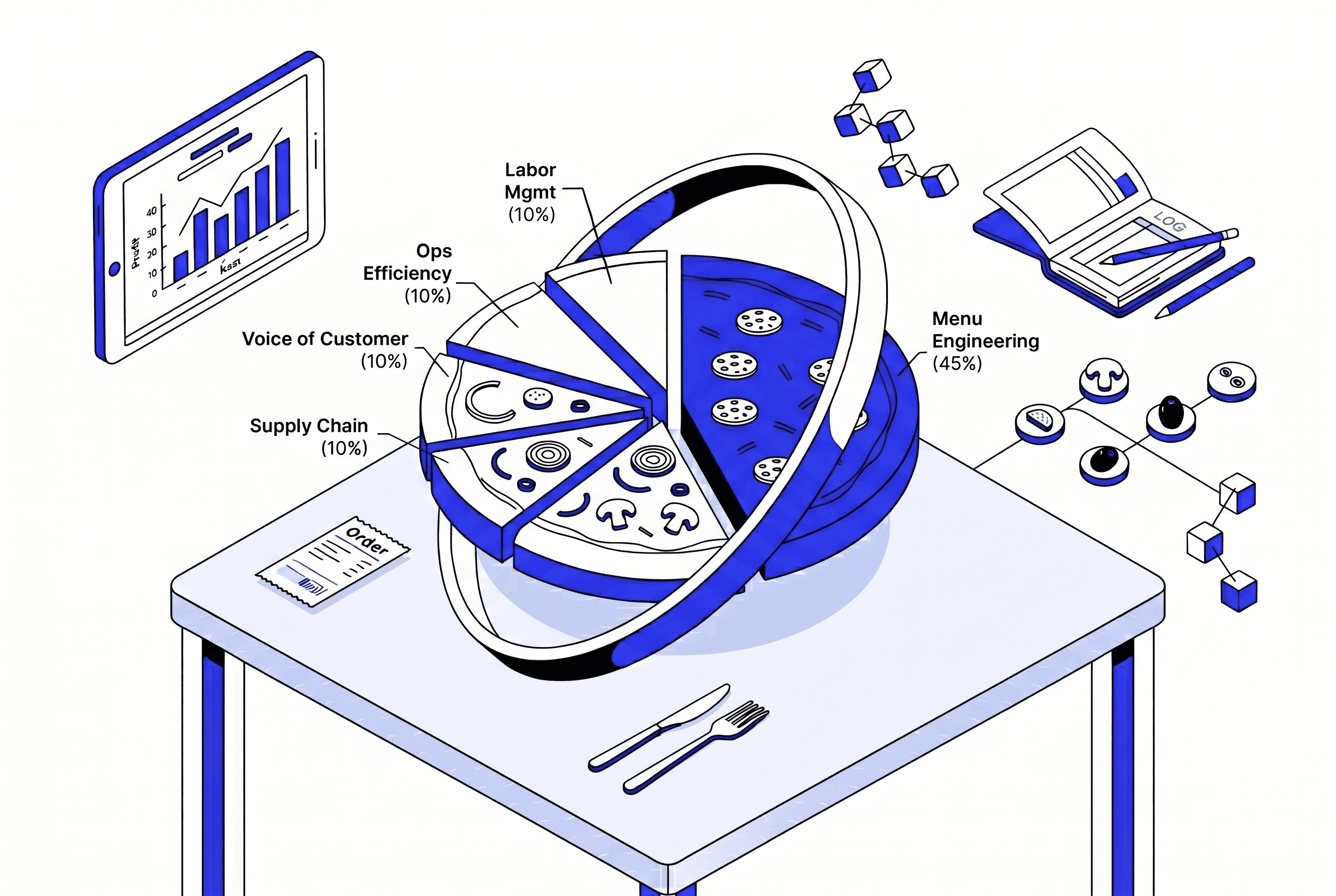 visualization showing the integrated data for managing a pizzeria. Key components are an analytics tablet (displaying profit trends), a comprehensive operational metrics pie chart (broken down by category from menu to supply chain), and other management tools like an order slip and operations log.