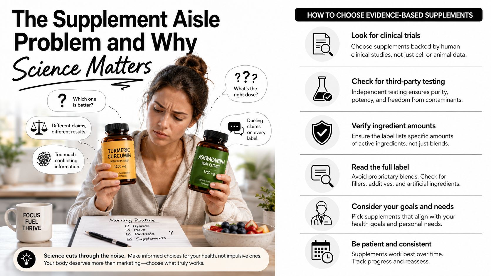 A woman comparing two supplement bottles while reading a morning routine checklist in a modern kitchen setting.