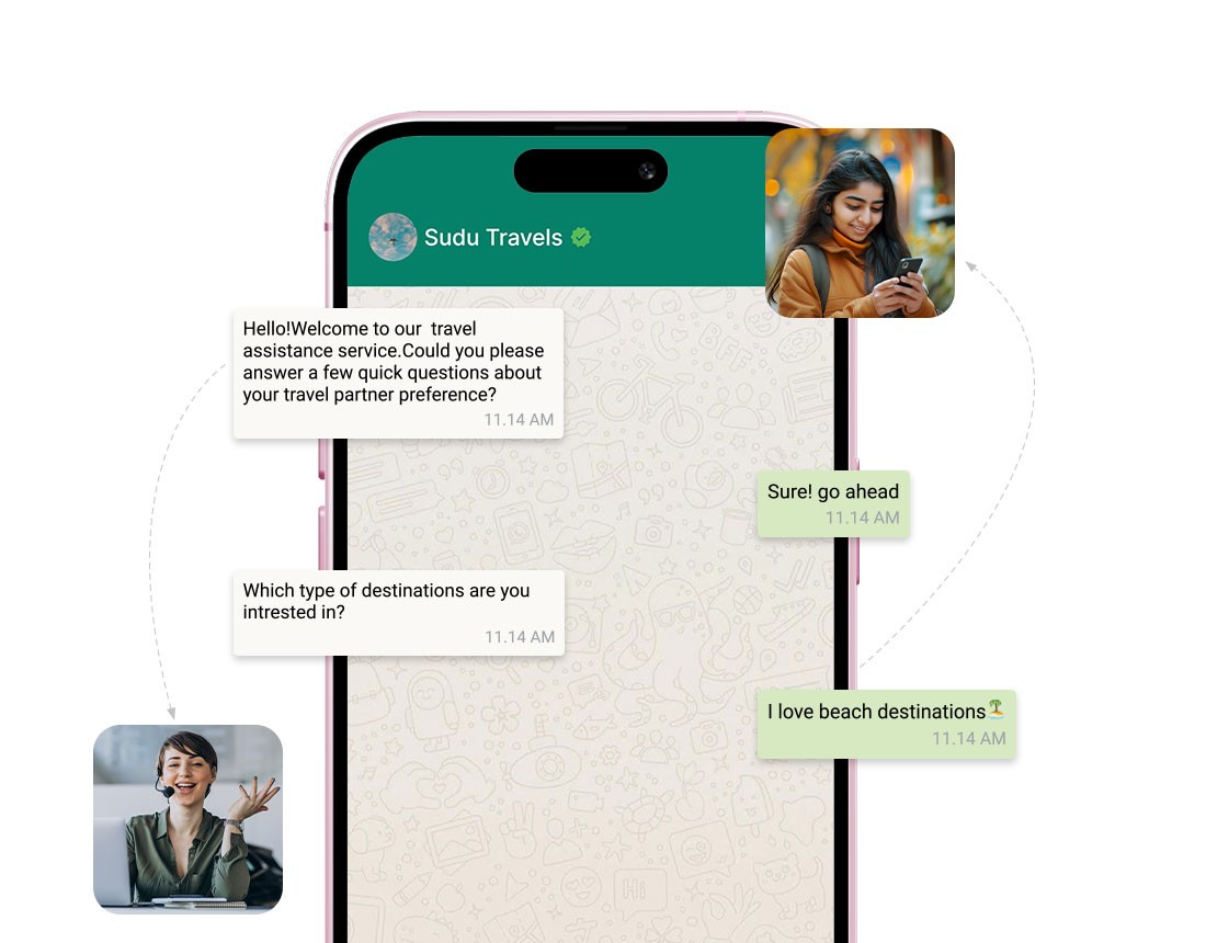 Sudu Travels WhatsApp chat on smartphone screen." * "Travel assistance chat on mobile phone