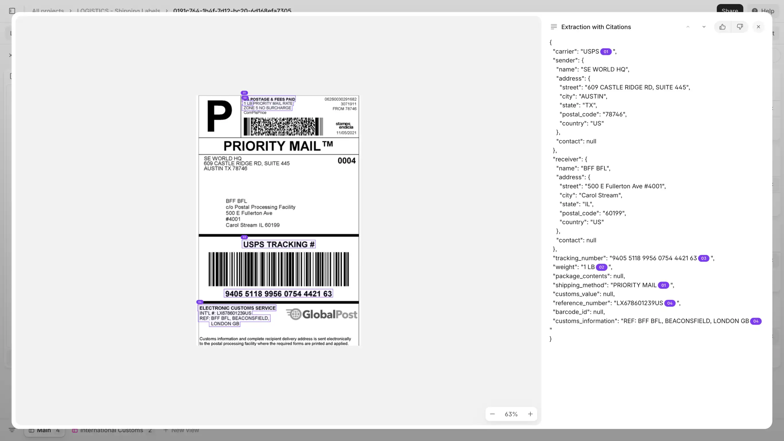 Shiping label extractions with citations