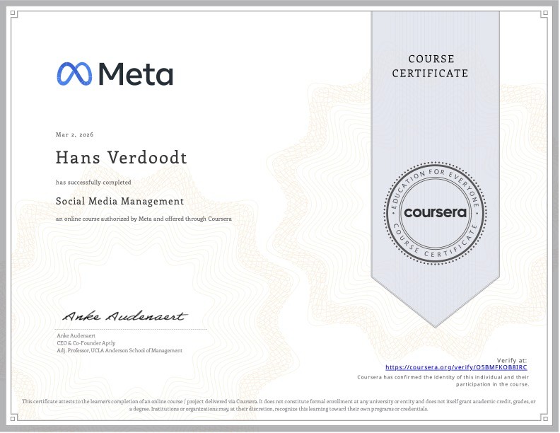 Certificaat Hans Meta Social Media Management by Coursera