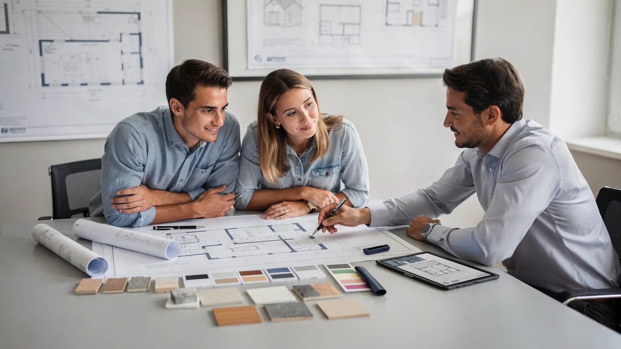 Een koppel zit aan tafel met een bouwpartner en bekijkt grondplannen en materiaalstalen; op de achtergrond een rustige vergaderruimte met bouwtekeningen aan de muur.