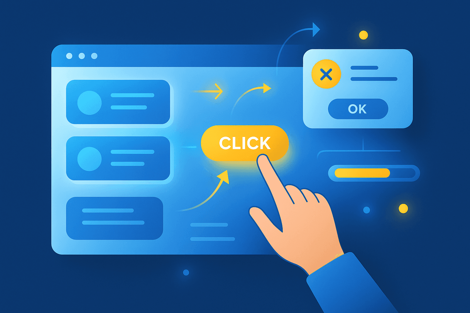 Illustration of a developer clicking a button on a web interface with animated cards, pop-ups, and progress bars showing JavaScript interactivity in a modern flat Google-style design.