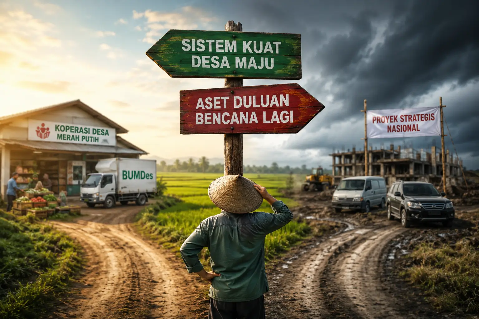 Ilustrasi risiko kegagalan sistemik pada program KDMP-BUMDes akibat speed mismatch dan lemahnya tata kelola