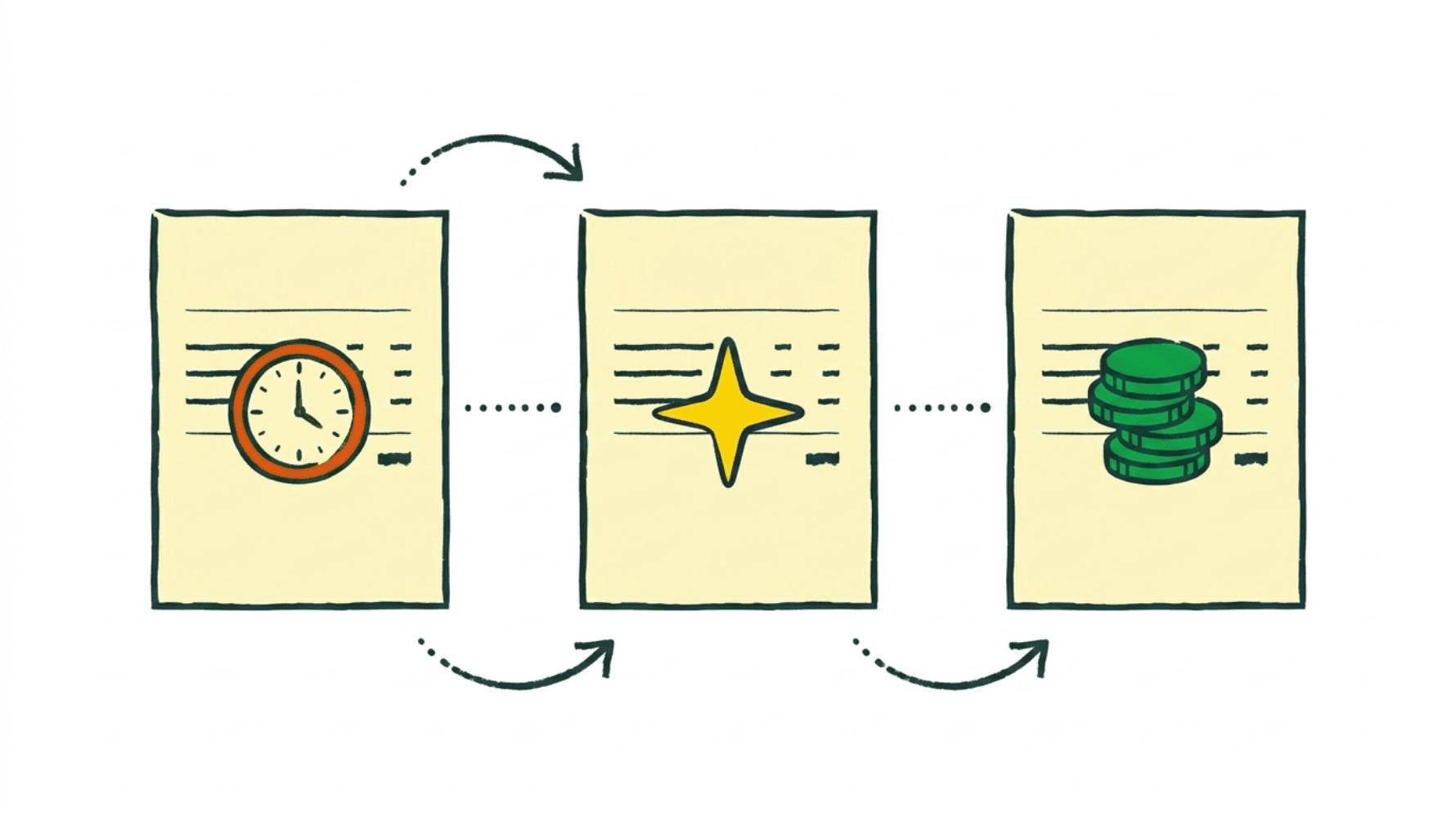 Three invoices in a row with progression icons: red clock (overdue), orange clock (follow-up), green coin (paid), symbolizing the accounts receivable collection cycle