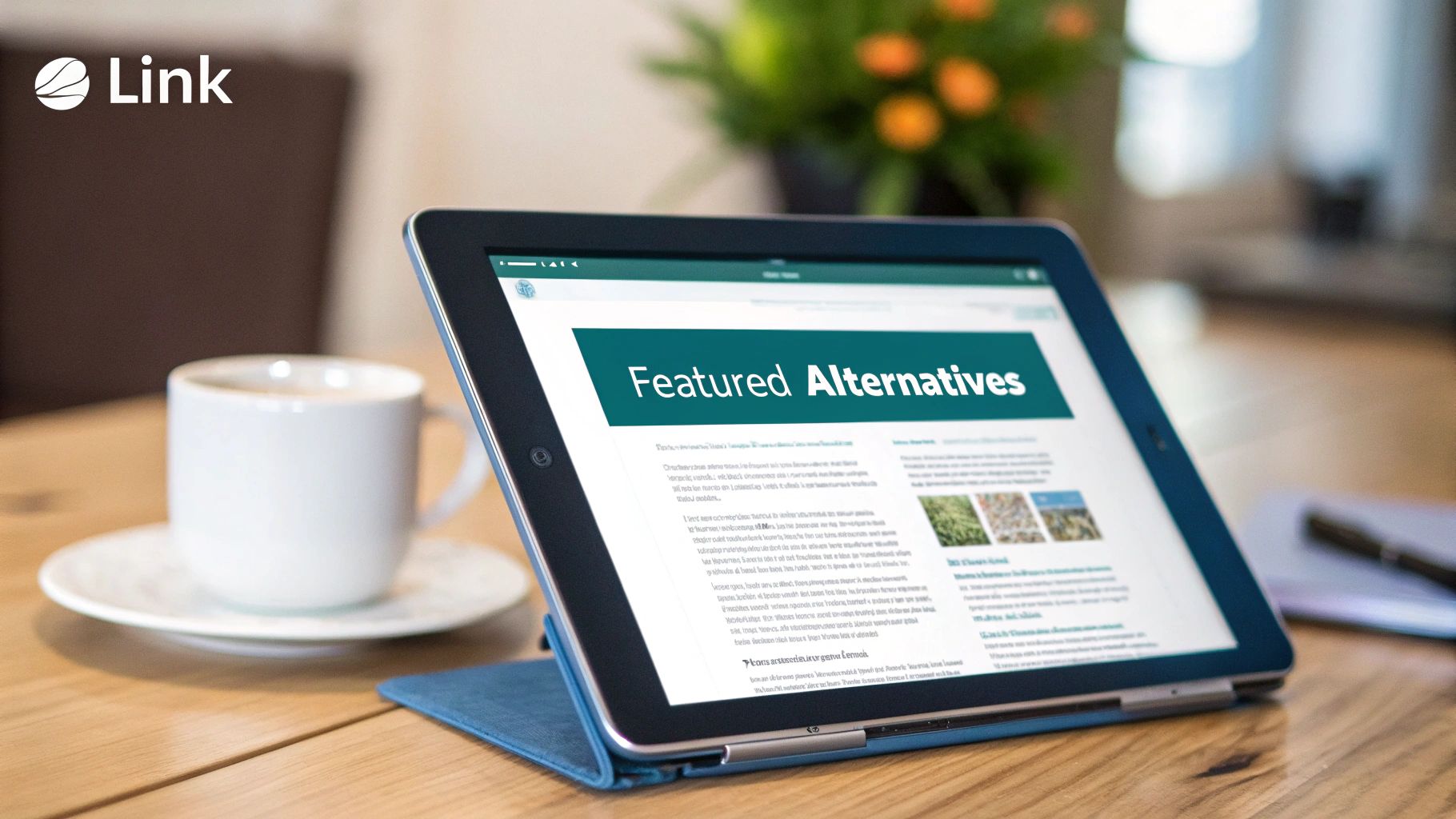 A tablet displaying a 'Featured Alternatives' webpage on a wooden table with a coffee cup.