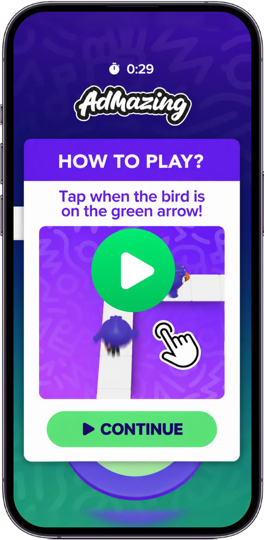Custom 3D playable ad instruction screen featuring a purple bird.