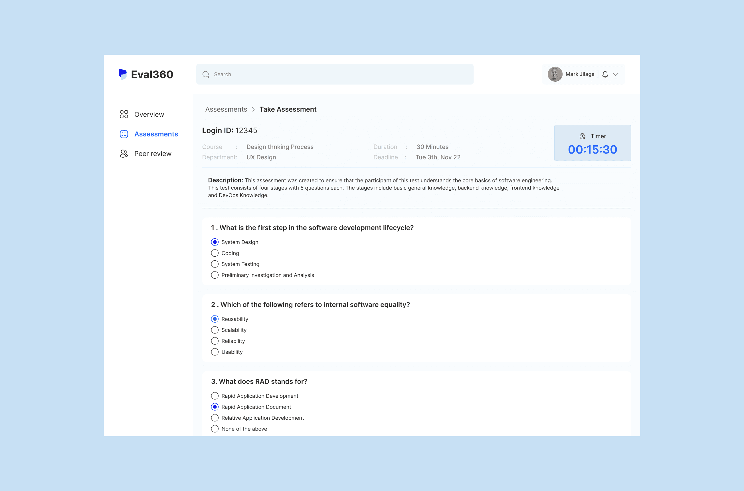 A detailed screen for users to take assessments 