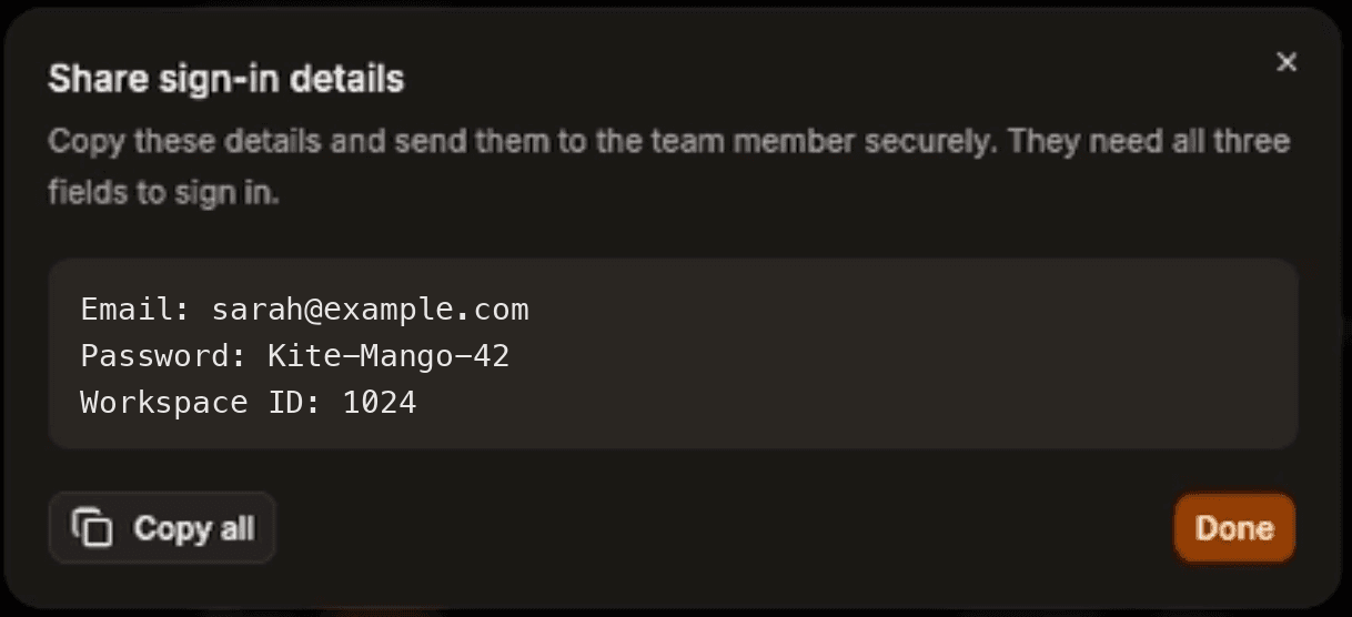 Share sign-in details dialog showing email, password, and workspace ID with a Copy all button