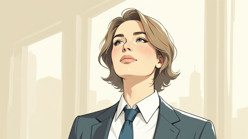 Eine professionell aussehende Person posiert für ein Porträtfoto vor einem neutralen Hintergrund