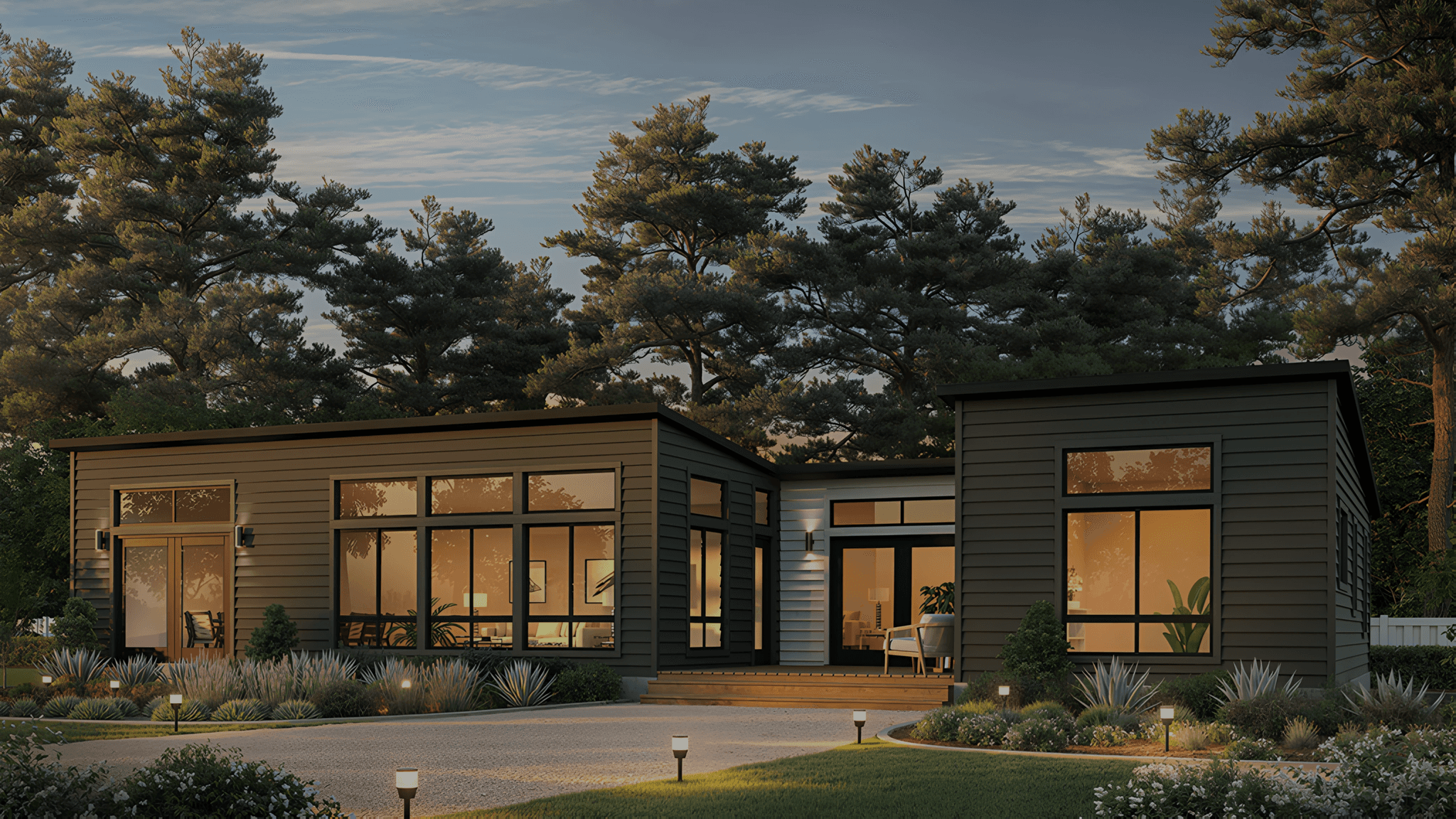 A modern house with large windows, surrounded by trees, illuminated at dusk.