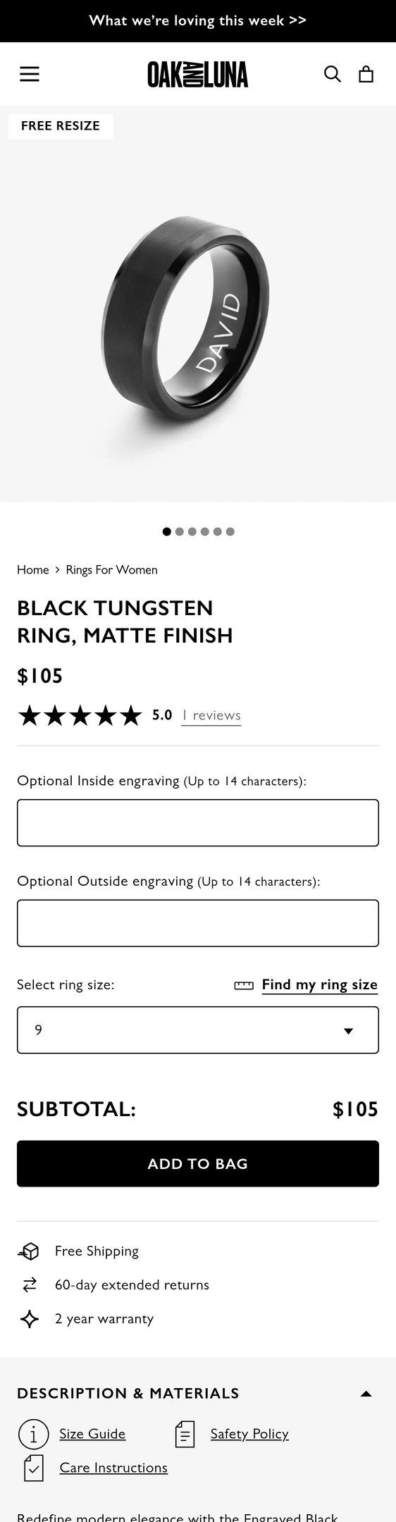Jewelry product options include: ring for Black Tungsten Ring, Matte Finish from Oak & Luna.