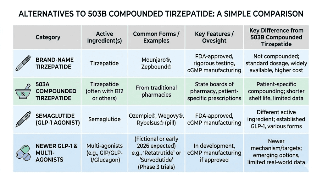 Alternatives to 503B compounded tirzepatide including semaglutide and brand-name options