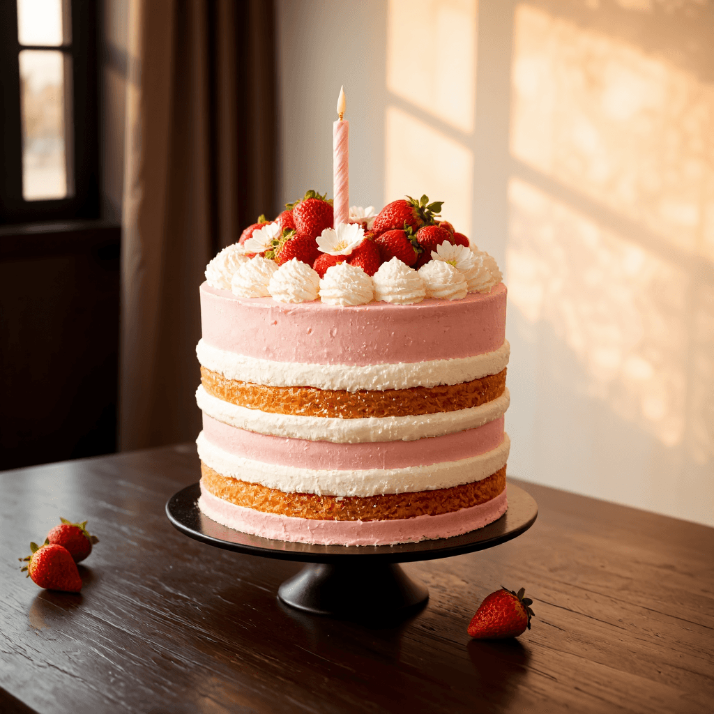 product photography of a birthday cake with layers and decorative toppings