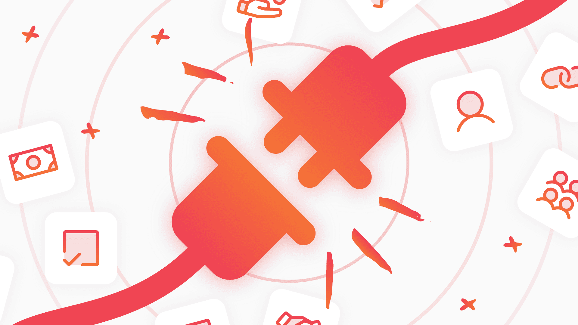 Two red-orange electrical plugs almost connecting, surrounded by icons like money and group symbols, conveying energy and connection.