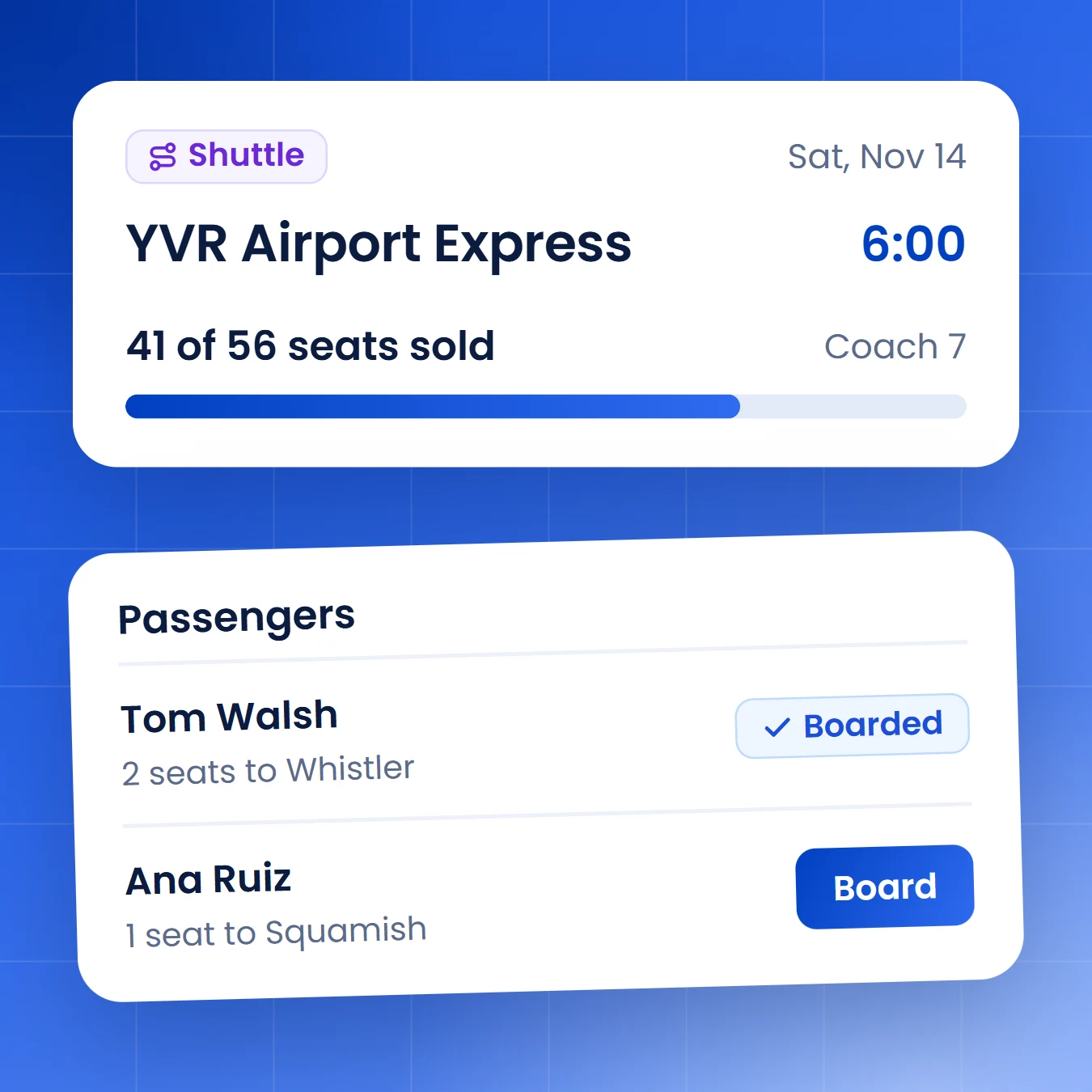 YVR Airport Express shuttle run with 41 of 56 seats sold on Coach 7, and its passenger list with a Board button per booking