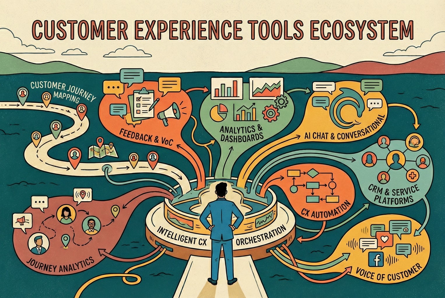 Illustration of the customer experience tools ecosystem showing journey mapping, feedback and voice of customer, analytics, AI chat, CRM platforms, and CX automation working together.