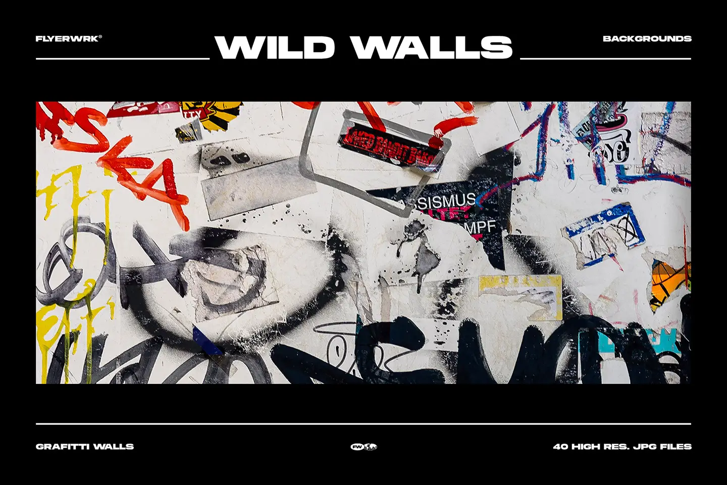 Wild Walls urban backgrounds display with peeled stickers and colorful spray paint tags for edgy designs