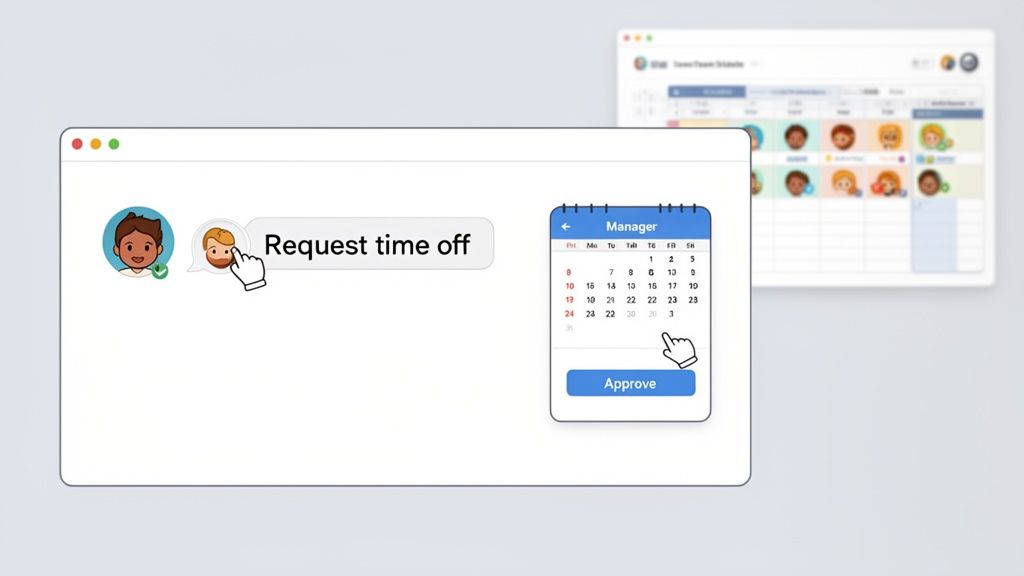 Digital interface shows an employee requesting time off, with a manager approving it on a calendar.