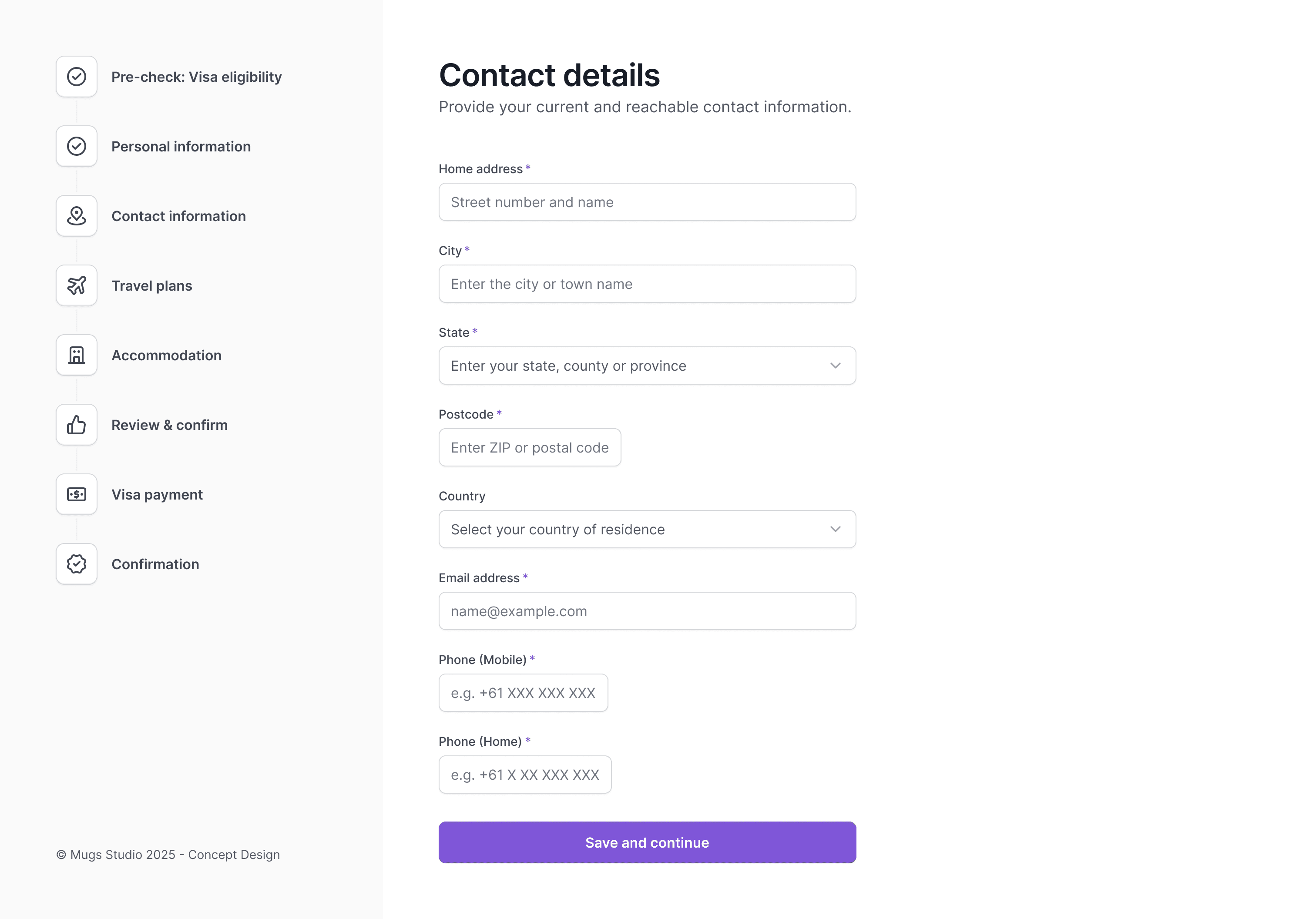 Contact details step with clear address, email, and phone fields in a guided form layout.