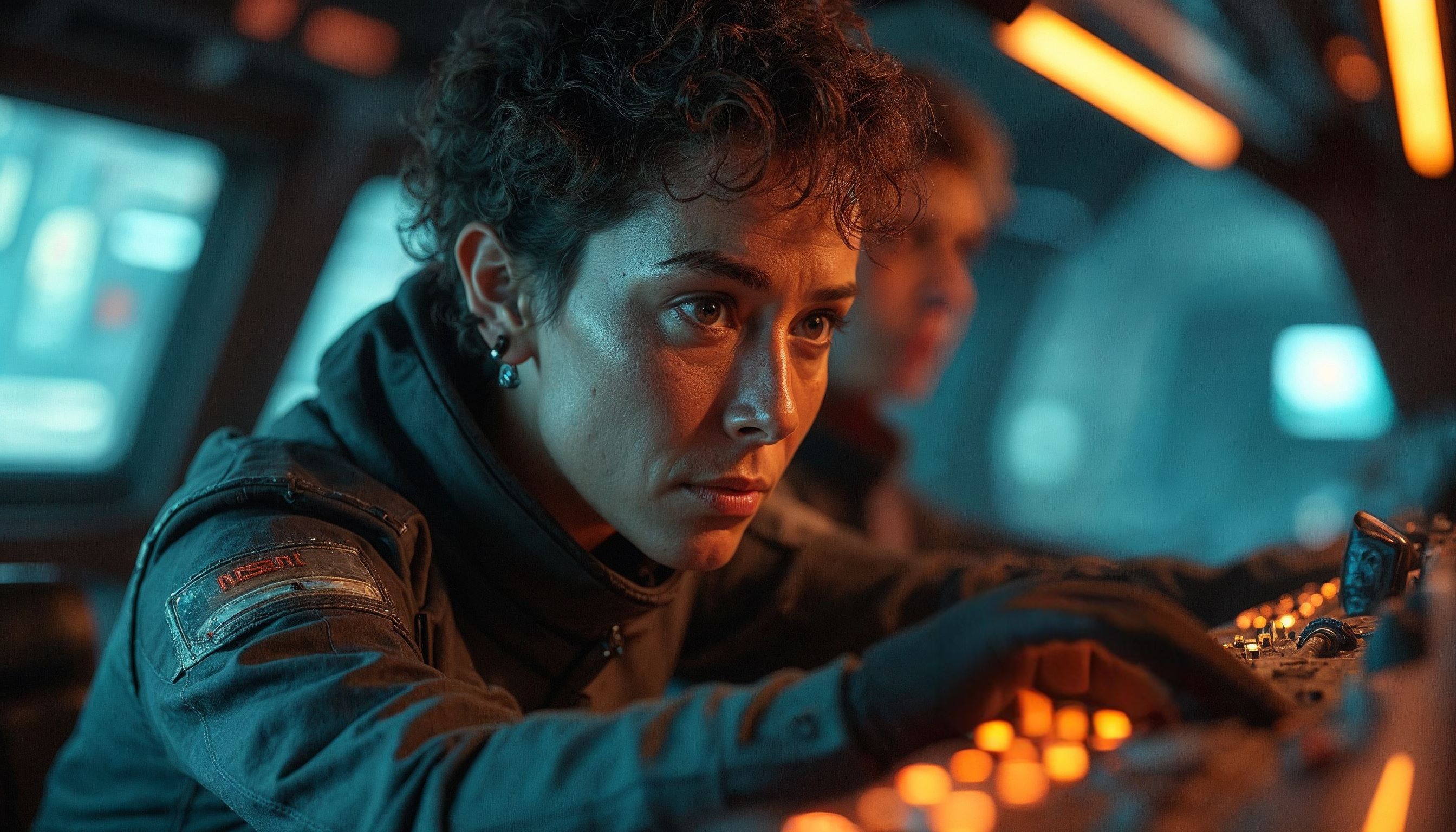 A woman with short curly hair, wearing a dark uniform, intensely focuses on operating a control panel in a dimly lit futuristic control room with orange and blue lighting. Another blurred figure is visible in the background.