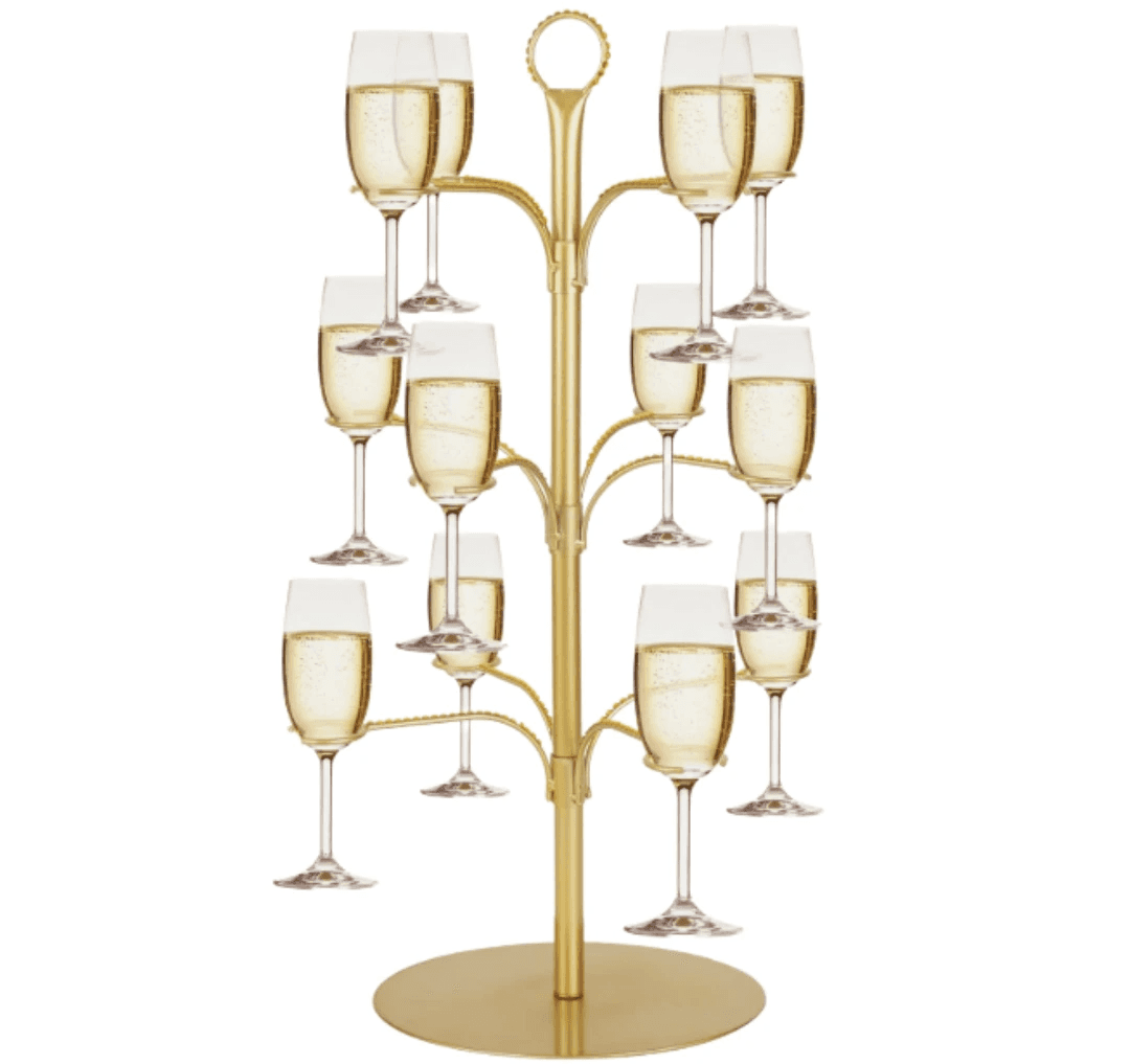 Image of a gold chapagne glass tree, holding 12 glasses of champagne.