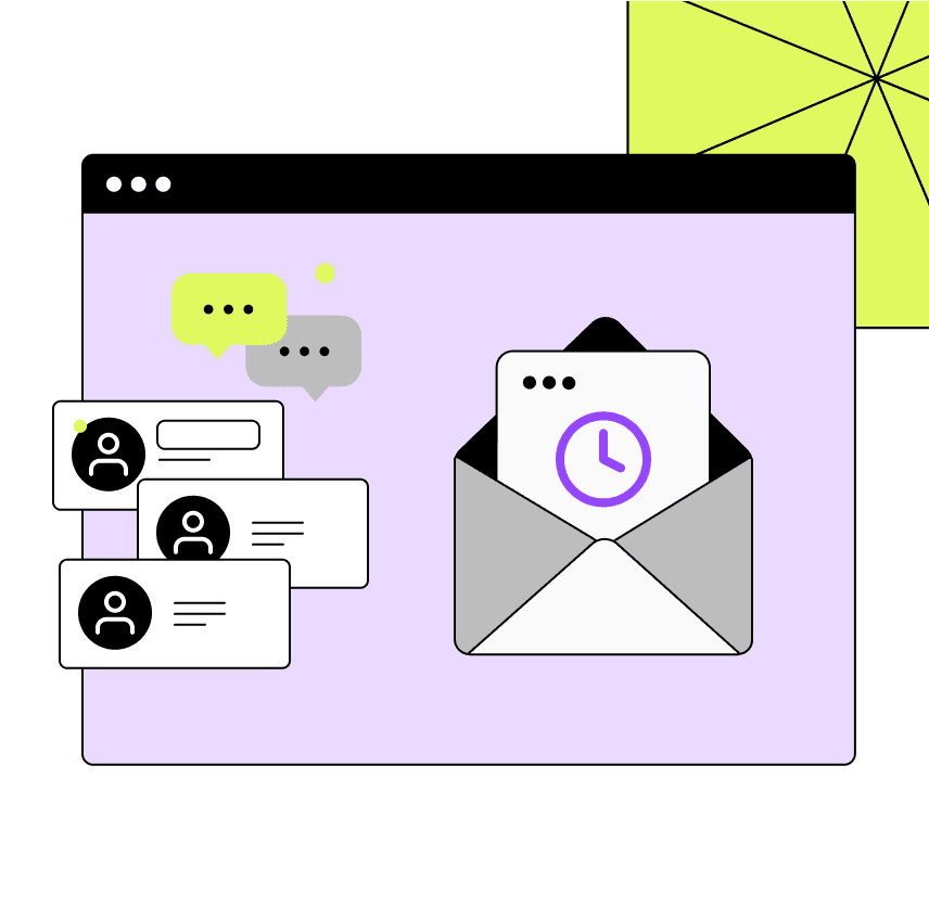 Illustration of a modal window with scheduled email, user icons, and chat