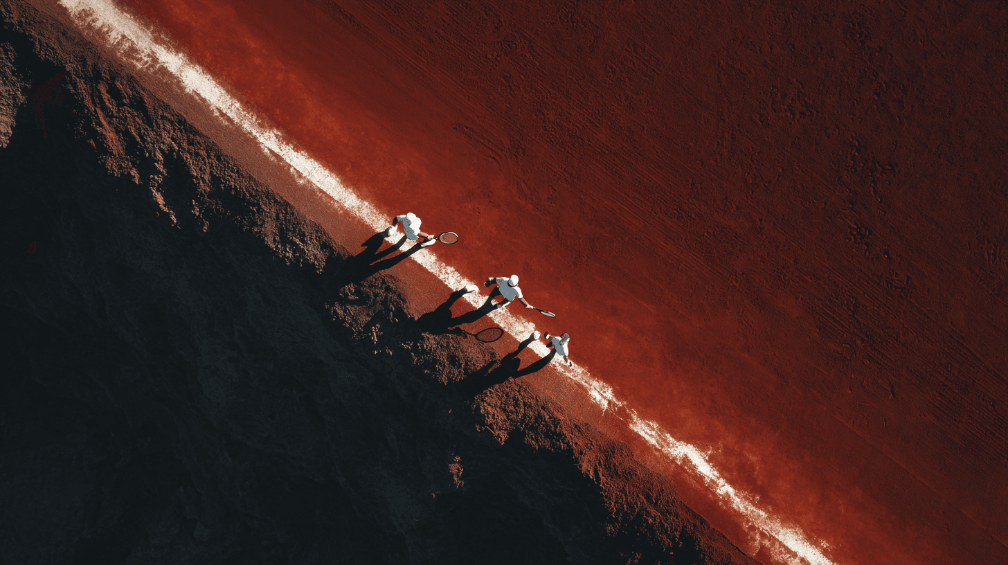 Luxury tennis gear transformed into monumental landscape, Red clay desert environment, Phase One IQ4 resolution, Surreal Set Design, Engineered by Aventi