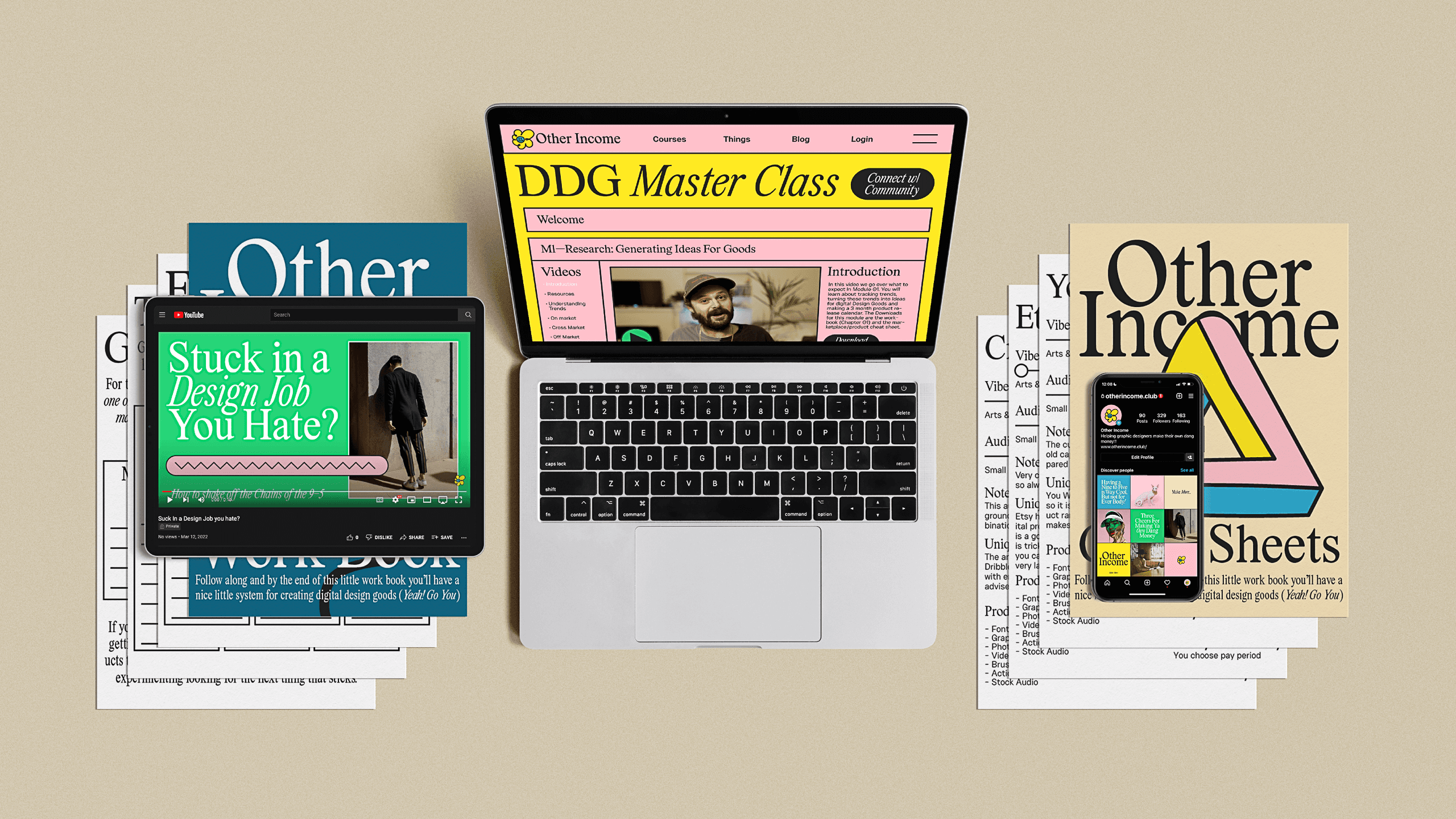 A silver laptop displays the DG Master Class website, featuring a yellow header and a photo of a man. To its left, a tablet displays a green graphic titled “Stuck in a Design Job You Hate?” with a photo of a man. To the right, a smartphone shows a colorful app interface. Behind the laptop and tablet are stacks of papers with text and graphics, including “Other Income” and “Other Income Sheets.”