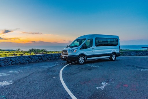 White Ford Transit XLT 15 Passenger Van Hawaii Big Island Sunset For Rent